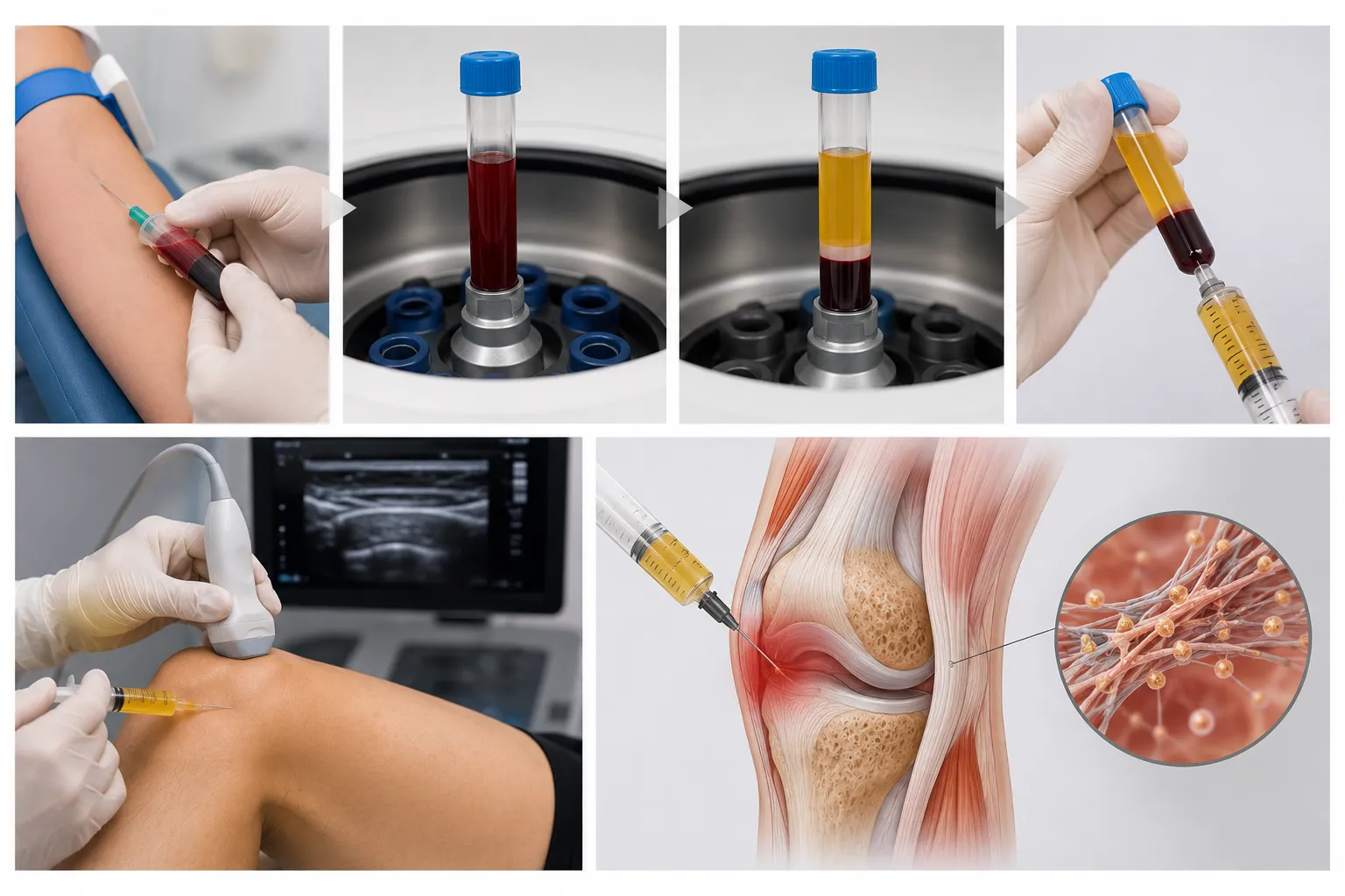 Verloop van een PRP-behandeling: autologe bloedafname, centrifugatie, opzuigen van het trombocytenrijke plasma en echo-geleide infiltratie